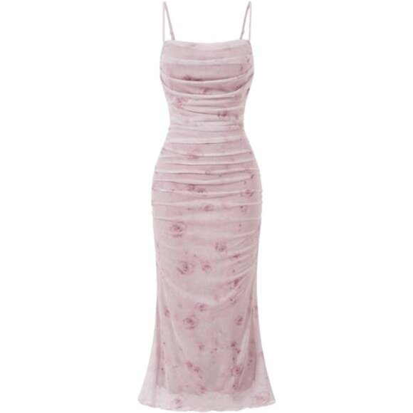 Apricot Women's Floral Ruched Bodycon Midi Dress Mesh Sleeveless Cami Dresses